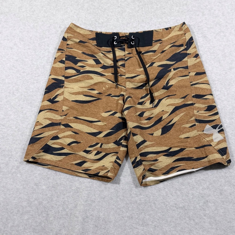 Under Armour Board Shorts Mens 34 Brown‎ Tiger Camo Excellent HeatGear Loose Fit